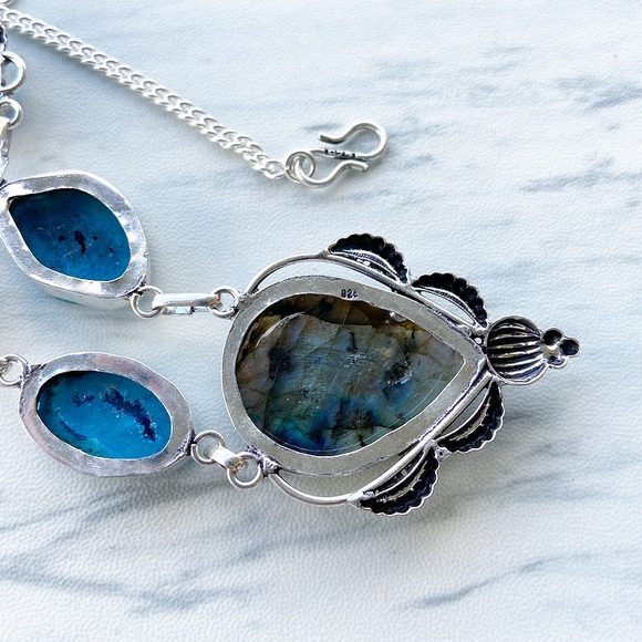 925 Sterling silver Labradorite & druzy necklace - Picture 6 of 8